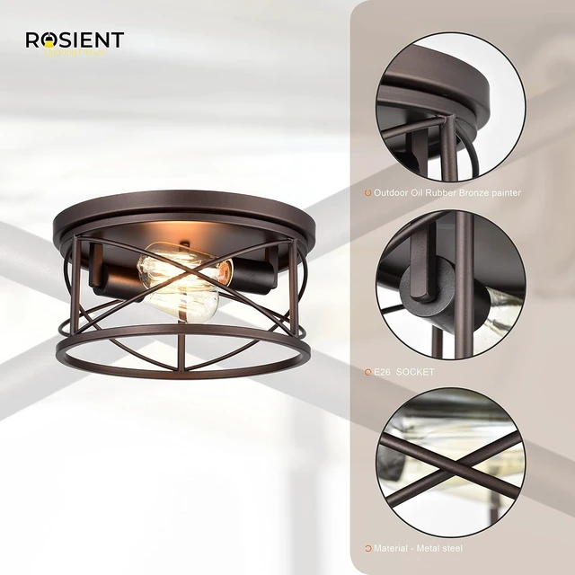 Alt view image 4 of 6 - Industrial Flush Mount Lights, Farmhouse Close to Ceiling Flush Mount Lighting, 2-Light Flush Mount Ceiling Lighting Fixture (Oil Rubbed Bronze, 1 Pack)