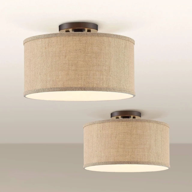 Alt view image 2 of 5 - Adams Burlap Drum Shade 14" Wide Set of 2 Ceiling Light Fixture