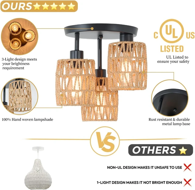 Alt view image 2 of 7 - 3-Lights Woven Rattan Ceiling Light Fixture,Farmhouse Hand-Woven Cage Semi Flush Mount Light, Boho Coastal Natural Basket Close to Ceiling Light for Bedroom Hallway Corridor Nursery