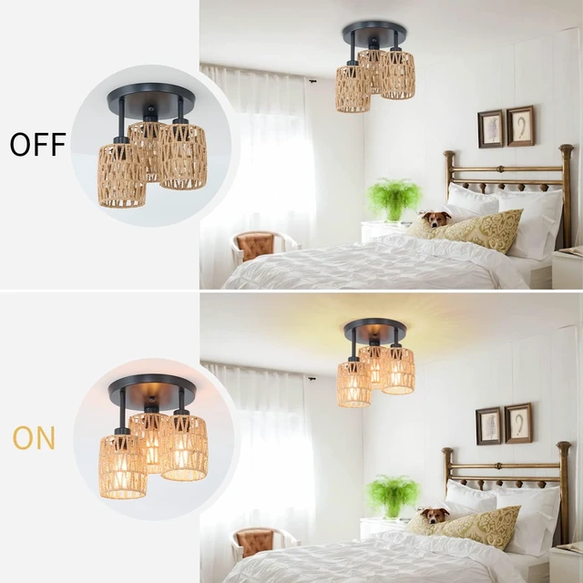 Alt view image 3 of 7 - 3-Lights Woven Rattan Ceiling Light Fixture,Farmhouse Hand-Woven Cage Semi Flush Mount Light, Boho Coastal Natural Basket Close to Ceiling Light for Bedroom Hallway Corridor Nursery