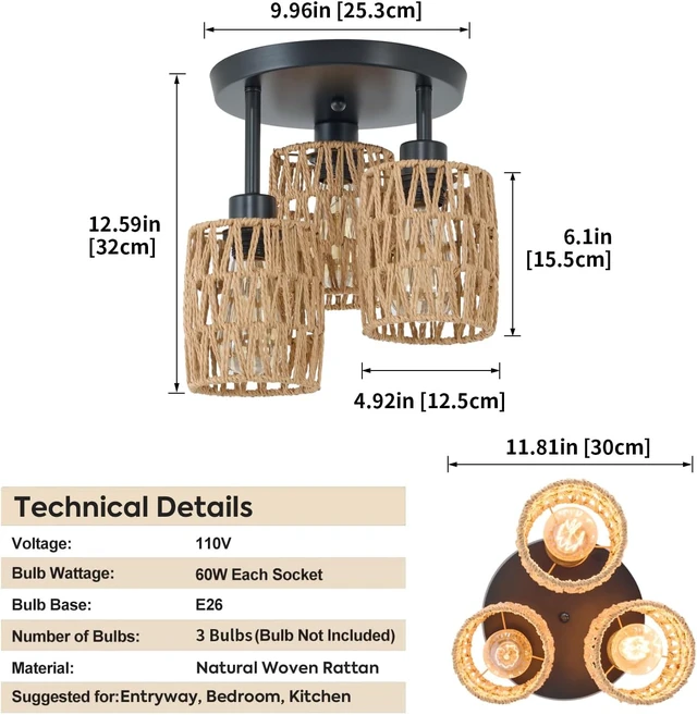 Alt view image 4 of 7 - 3-Lights Woven Rattan Ceiling Light Fixture,Farmhouse Hand-Woven Cage Semi Flush Mount Light, Boho Coastal Natural Basket Close to Ceiling Light for Bedroom Hallway Corridor Nursery