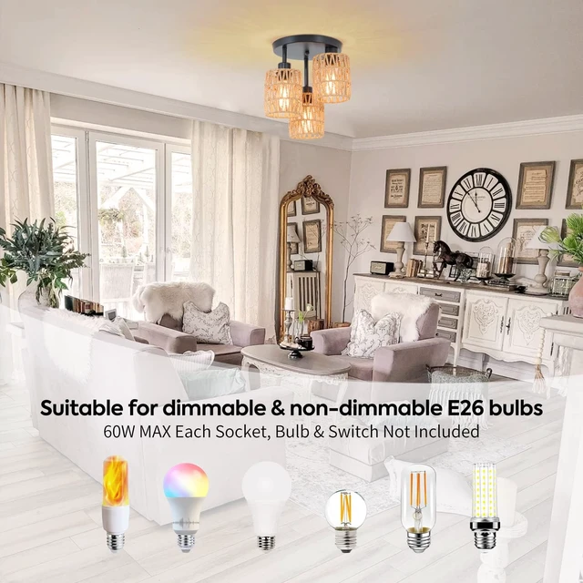 Alt view image 5 of 7 - 3-Lights Woven Rattan Ceiling Light Fixture,Farmhouse Hand-Woven Cage Semi Flush Mount Light, Boho Coastal Natural Basket Close to Ceiling Light for Bedroom Hallway Corridor Nursery