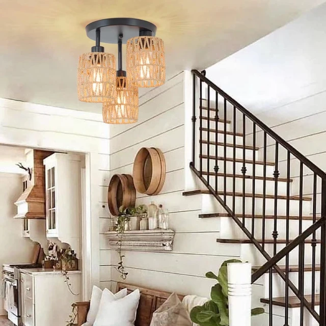 Alt view image 7 of 7 - 3-Lights Woven Rattan Ceiling Light Fixture,Farmhouse Hand-Woven Cage Semi Flush Mount Light, Boho Coastal Natural Basket Close to Ceiling Light for Bedroom Hallway Corridor Nursery