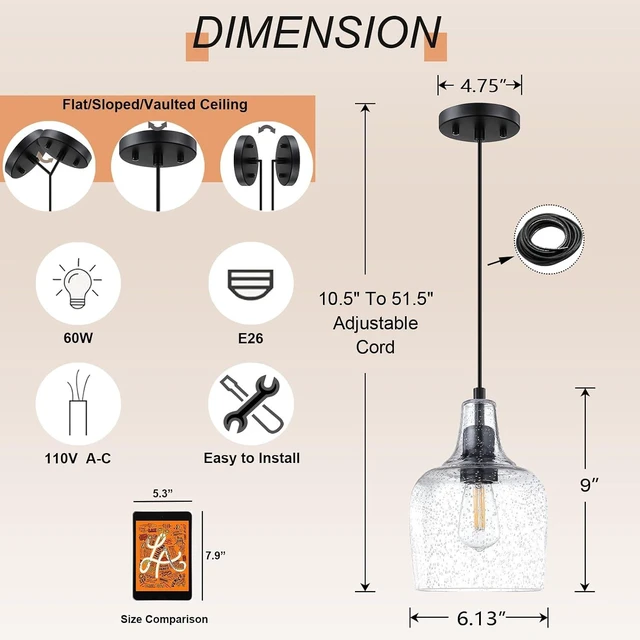 Alt view image 2 of 7 - 3 Pack 6.1" Clear Seeded Glass Hanging Black Indoor Farmhouse Pendant Light