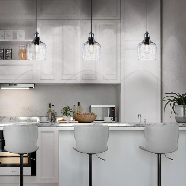 Alt view image 4 of 7 - 3 Pack 6.1" Clear Seeded Glass Hanging Black Indoor Farmhouse Pendant Light