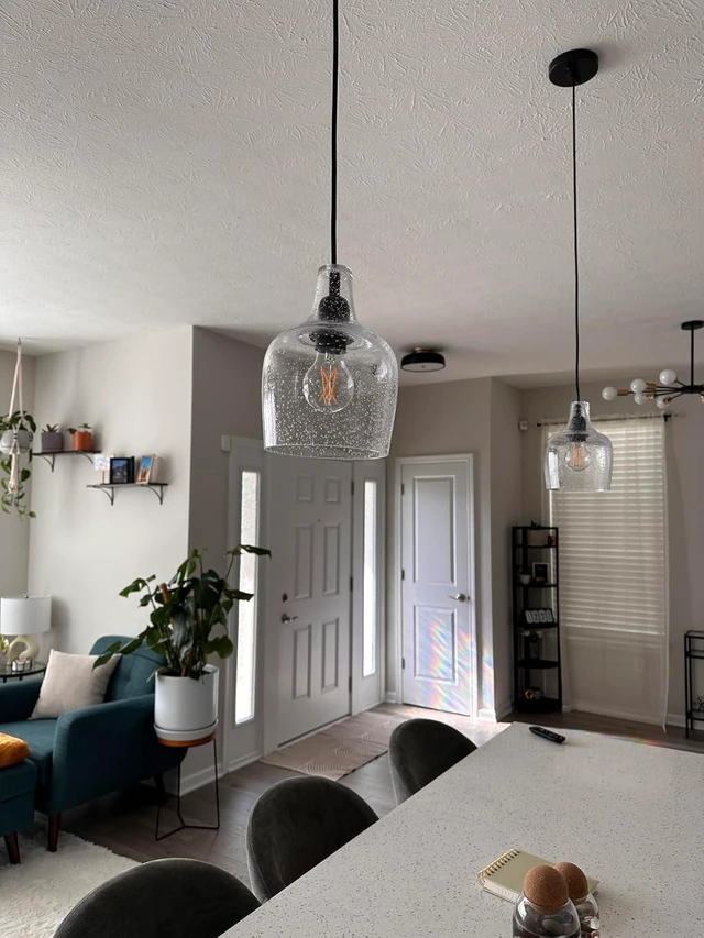 Alt view image 6 of 7 - 3 Pack 6.1" Clear Seeded Glass Hanging Black Indoor Farmhouse Pendant Light