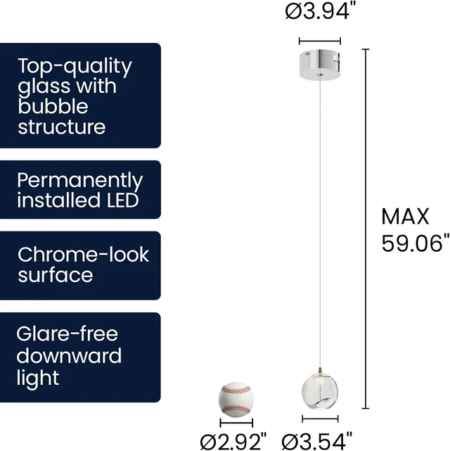 Alt view image 4 of 6 - Modern Chrome Single Pendant Light with Bubble Glass, Small Globe Pendant Light 70.86" Drop, Kitchen Pendant Lighting Over Island, Bar, Entryway, Warm White 3000K, 519 lm, Ø 3.54"