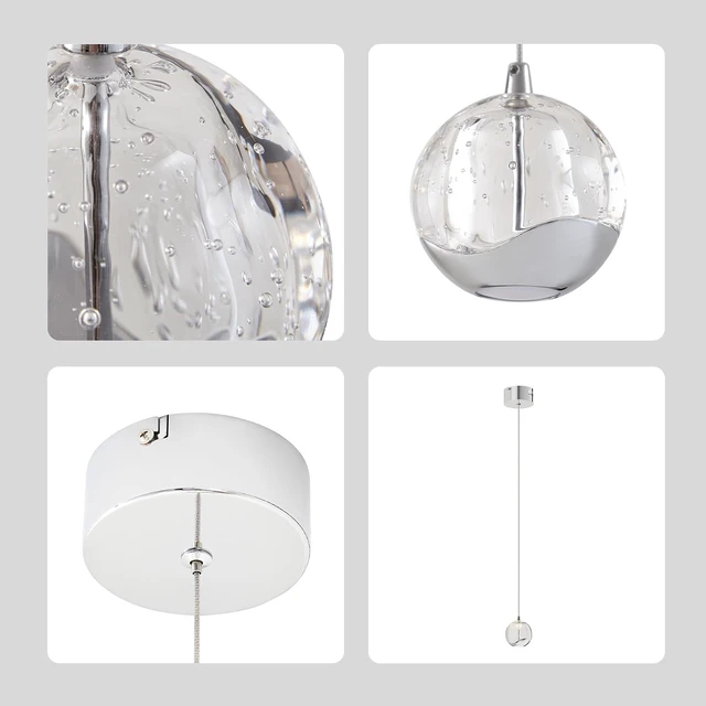 Alt view image 5 of 6 - Modern Chrome Single Pendant Light with Bubble Glass, Small Globe Pendant Light 70.86" Drop, Kitchen Pendant Lighting Over Island, Bar, Entryway, Warm White 3000K, 519 lm, Ø 3.54"