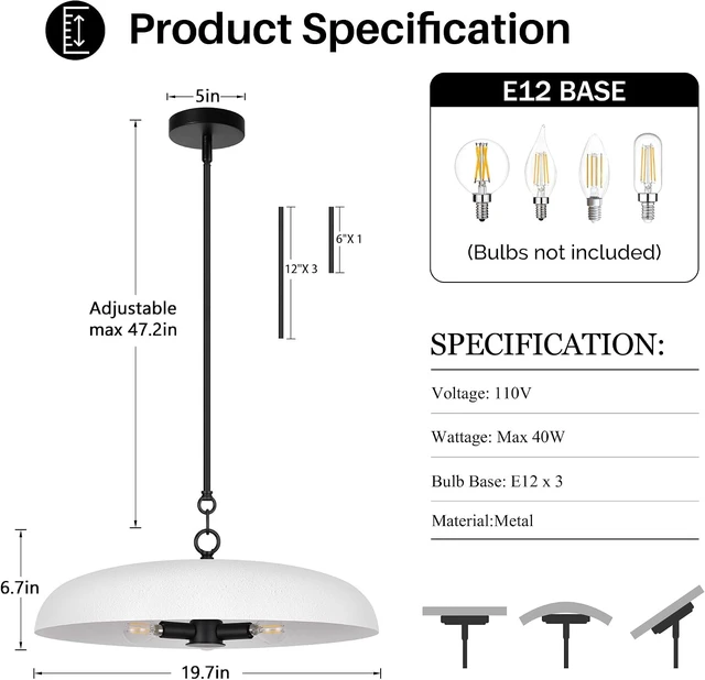 Alt view image 6 of 7 - LamQee 20 Inch Oversized Large Pendant Lights, 3-Lights Textured White Modern Dome Chandelier, Rustic Metal Pendant Lighting Fixture Ceiling Hanging for Kitchen Island, Dining Room Over Table, Bar