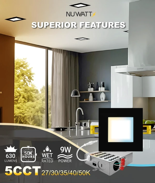 Alt view image 3 of 7 - NUWATT Black 4 Inch Square LED Recessed Lighting 2700K-5000K, ETL, 6 Pack