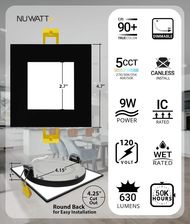 Alt view image 2 of 7 - NUWATT Black 4 Inch Square LED Recessed Lighting 2700K-5000K, ETL, 6 Pack