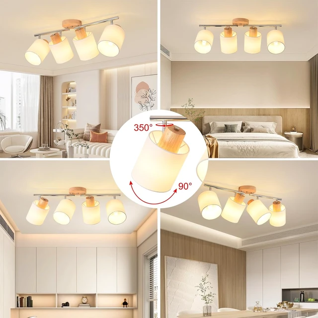 Alt view image 3 of 7 - 4-Light Track Lighting Kit Wooden Ceiling Spotlight Fabric Shades Rotatable