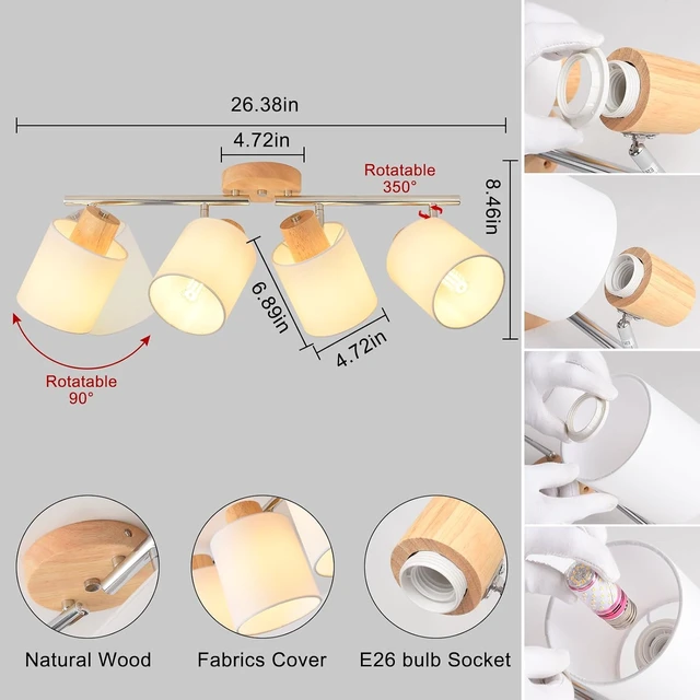 Alt view image 4 of 7 - 4-Light Track Lighting Kit Wooden Ceiling Spotlight Fabric Shades Rotatable