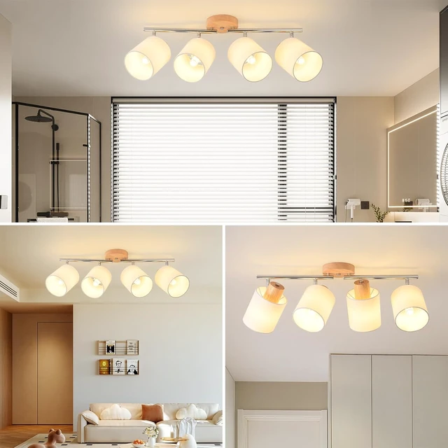 Alt view image 6 of 7 - 4-Light Track Lighting Kit Wooden Ceiling Spotlight Fabric Shades Rotatable