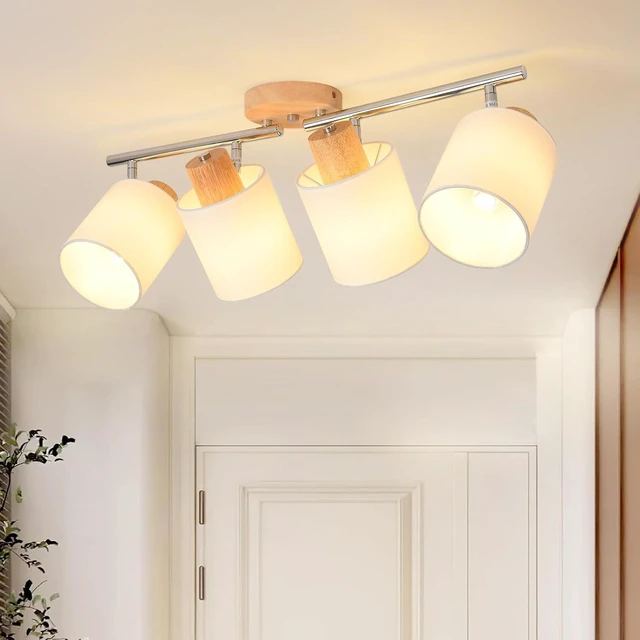 Main image of 4-Light Track Lighting Kit Wooden Ceiling Spotlight Fabric Shades Rotatable