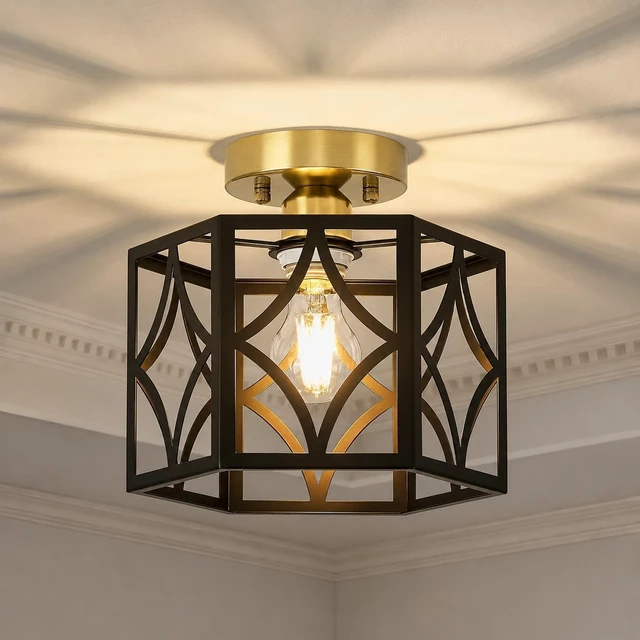 Main image of Black and Gold Farmhouse Semi Flush Mount Ceiling Light Fixture 9.5 Inch