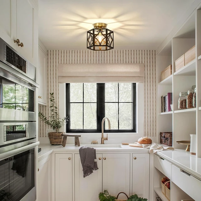 Alt view image 2 of 7 - Black and Gold Farmhouse Semi Flush Mount Ceiling Light Fixture 9.5 Inch