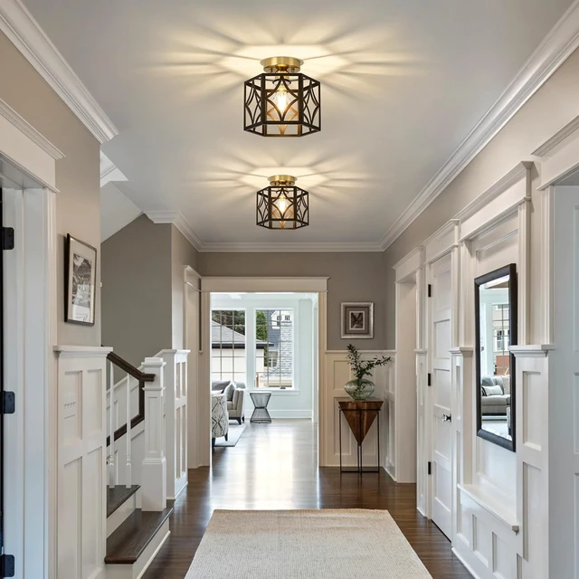 Alt view image 5 of 7 - Black and Gold Farmhouse Semi Flush Mount Ceiling Light Fixture 9.5 Inch
