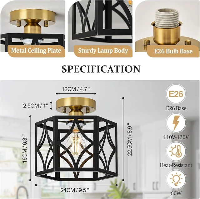 Alt view image 3 of 7 - Black and Gold Farmhouse Semi Flush Mount Ceiling Light Fixture 9.5 Inch