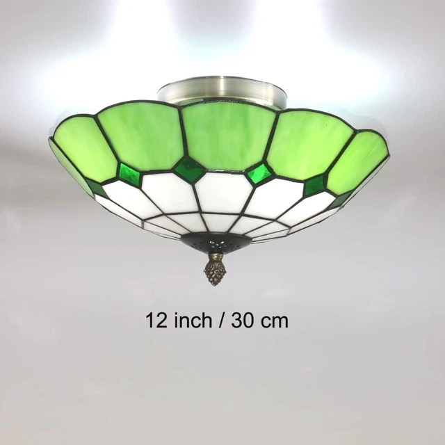 Alt view image 5 of 6 - 12 inch Vintage Tiffany Style Glass Flush Mount Ceiling Lighting Fixtures Retro Rural Pastoral Classical Lamp LED Chandelier Semi Flush Mount Lights Lamps (12 Inch Green)