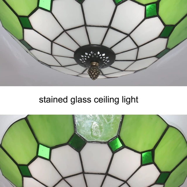 Alt view image 3 of 6 - 12 inch Vintage Tiffany Style Glass Flush Mount Ceiling Lighting Fixtures Retro Rural Pastoral Classical Lamp LED Chandelier Semi Flush Mount Lights Lamps (12 Inch Green)
