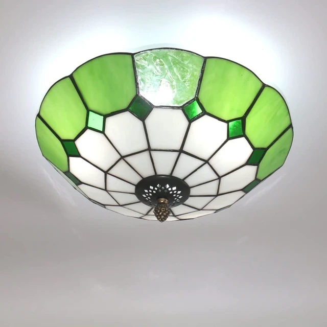 Alt view image 6 of 6 - 12 inch Vintage Tiffany Style Glass Flush Mount Ceiling Lighting Fixtures Retro Rural Pastoral Classical Lamp LED Chandelier Semi Flush Mount Lights Lamps (12 Inch Green)