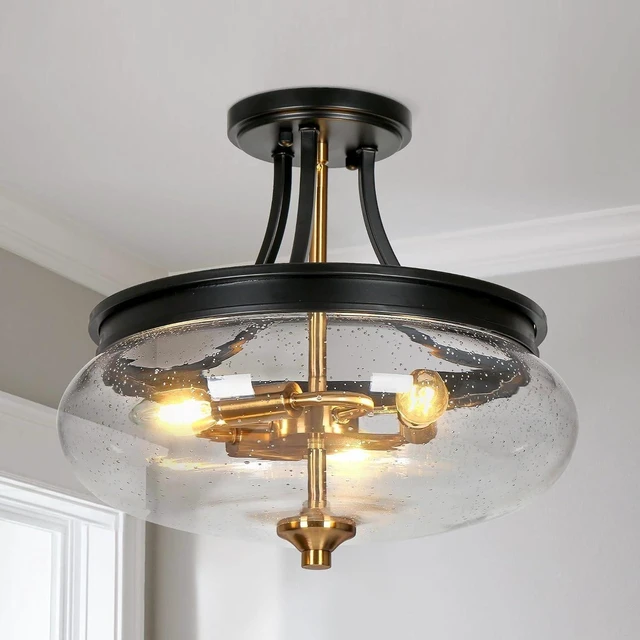 Main image of KSANA Semi Flush Mount Ceiling Light, 3 Light Modern Black Gold Ceiling Light Fixtures with Seeded Glass Mid-Century Close-to Ceiling Lights for Bedroom Kitchen Foyer Entryway
