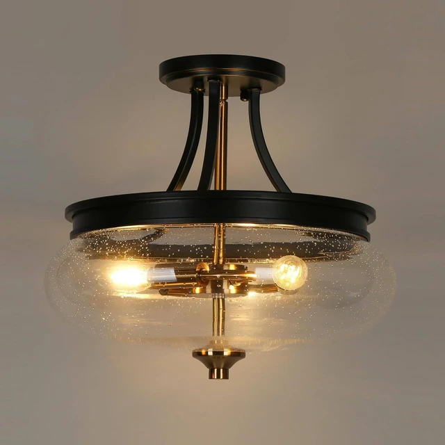 Alt view image 7 of 7 - KSANA Semi Flush Mount Ceiling Light, 3 Light Modern Black Gold Ceiling Light Fixtures with Seeded Glass Mid-Century Close-to Ceiling Lights for Bedroom Kitchen Foyer Entryway