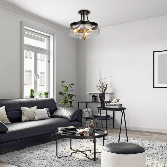 Alt view image 3 of 7 - KSANA Semi Flush Mount Ceiling Light, 3 Light Modern Black Gold Ceiling Light Fixtures with Seeded Glass Mid-Century Close-to Ceiling Lights for Bedroom Kitchen Foyer Entryway