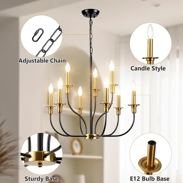 Alt view image 2 of 7 - 9-Lights Black and Gold Chandelier, 2-Tier Farmhouse Chandeliers 25.98"