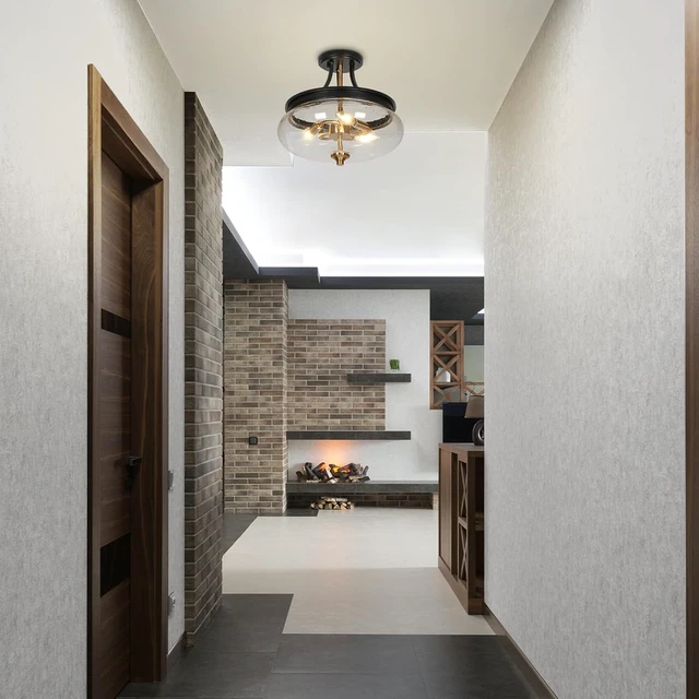 Alt view image 4 of 7 - KSANA Semi Flush Mount Ceiling Light, 3 Light Modern Black Gold Ceiling Light Fixtures with Seeded Glass Mid-Century Close-to Ceiling Lights for Bedroom Kitchen Foyer Entryway
