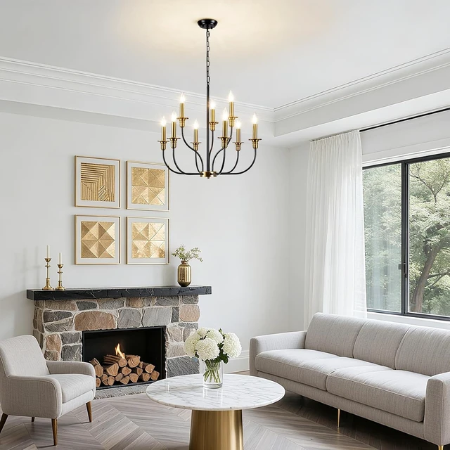 Alt view image 3 of 7 - 9-Lights Black and Gold Chandelier, 2-Tier Farmhouse Chandeliers 25.98"