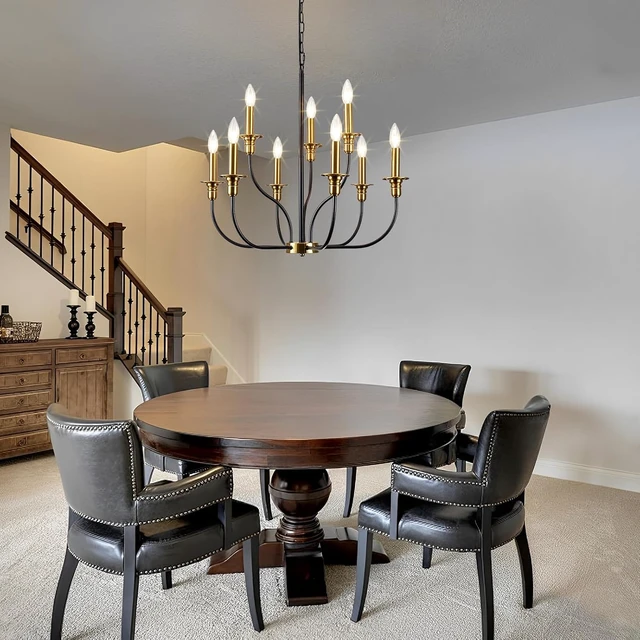 Alt view image 6 of 7 - 9-Lights Black and Gold Chandelier, 2-Tier Farmhouse Chandeliers 25.98"