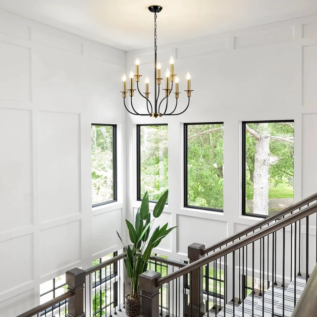 Alt view image 7 of 7 - 9-Lights Black and Gold Chandelier, 2-Tier Farmhouse Chandeliers 25.98"
