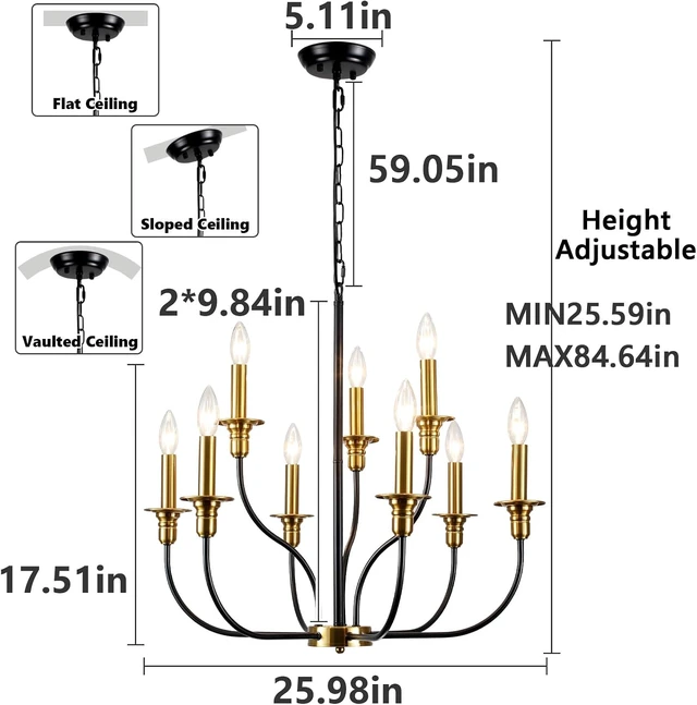 Alt view image 5 of 7 - 9-Lights Black and Gold Chandelier, 2-Tier Farmhouse Chandeliers 25.98"