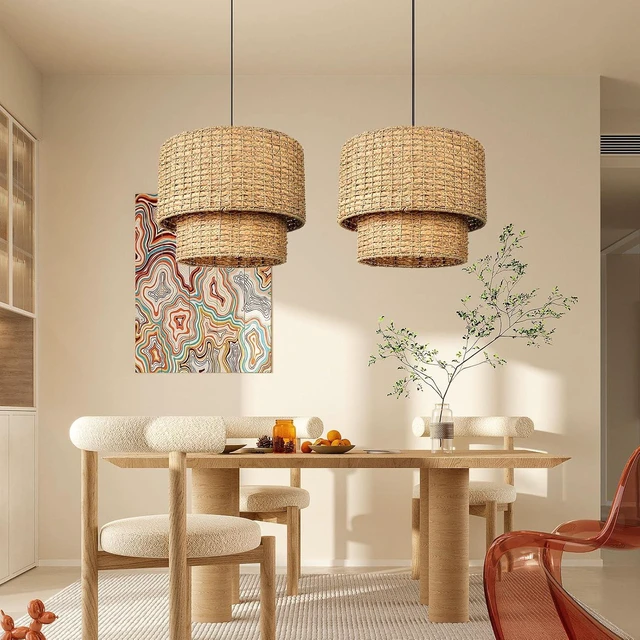 Alt view image 2 of 7 - Arturesthome Rustic Pendant Light Fixture, Woven Rattan Lampshade Coastal Hanging Lighting, Adjustable Vintage Farmhouse Chandelier Lamp Shade for Kitchen Island Dining Room