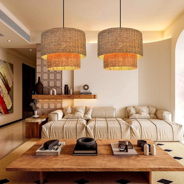 Alt view image 3 of 7 - Arturesthome Rustic Pendant Light Fixture, Woven Rattan Lampshade Coastal Hanging Lighting, Adjustable Vintage Farmhouse Chandelier Lamp Shade for Kitchen Island Dining Room