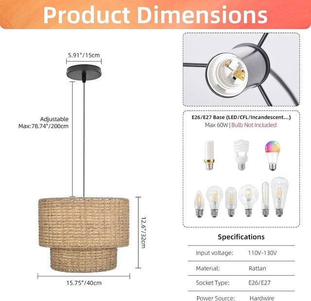 Alt view image 6 of 7 - Arturesthome Rustic Pendant Light Fixture, Woven Rattan Lampshade Coastal Hanging Lighting, Adjustable Vintage Farmhouse Chandelier Lamp Shade for Kitchen Island Dining Room