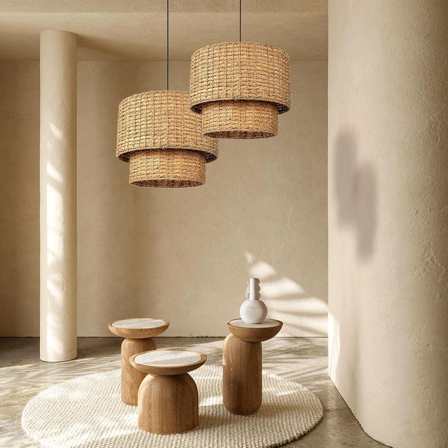 Alt view image 4 of 7 - Arturesthome Rustic Pendant Light Fixture, Woven Rattan Lampshade Coastal Hanging Lighting, Adjustable Vintage Farmhouse Chandelier Lamp Shade for Kitchen Island Dining Room