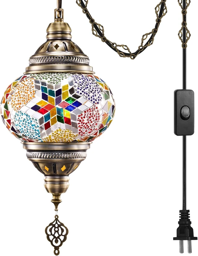 Alt view image 2 of 7 - 7.2" D Turkish Moroccan Mosaic Hanging Pendant Lamp Plug-in, Colorful