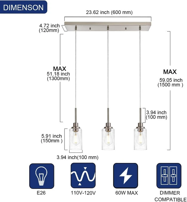 Alt view image 3 of 6 - TODOLUZ Industrial Pendant Lighting, 3-Lights Adjustable Height Hanging Light Fixtures with Seeded Glass Shade, Brushed Nickel Kitchen Island Ceiling Light for Living Room Foyer