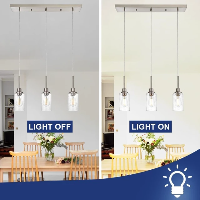 Alt view image 2 of 6 - TODOLUZ Industrial Pendant Lighting, 3-Lights Adjustable Height Hanging Light Fixtures with Seeded Glass Shade, Brushed Nickel Kitchen Island Ceiling Light for Living Room Foyer