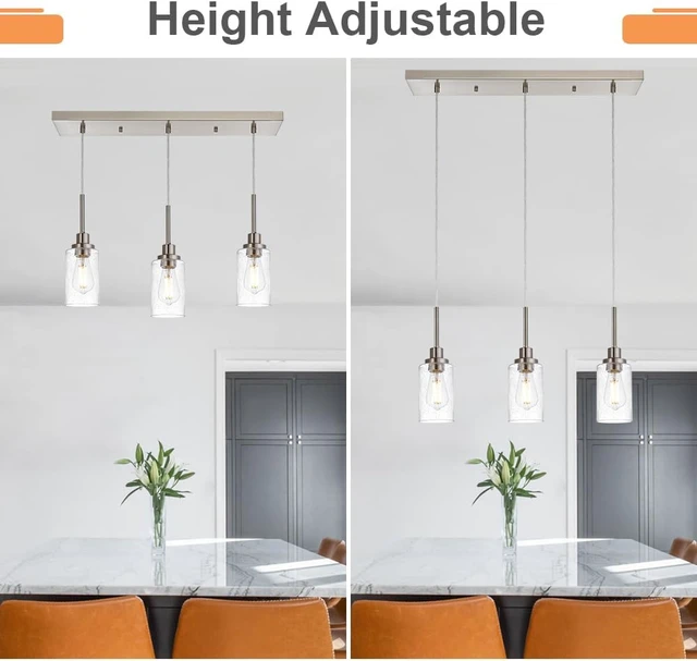 Alt view image 5 of 6 - TODOLUZ Industrial Pendant Lighting, 3-Lights Adjustable Height Hanging Light Fixtures with Seeded Glass Shade, Brushed Nickel Kitchen Island Ceiling Light for Living Room Foyer