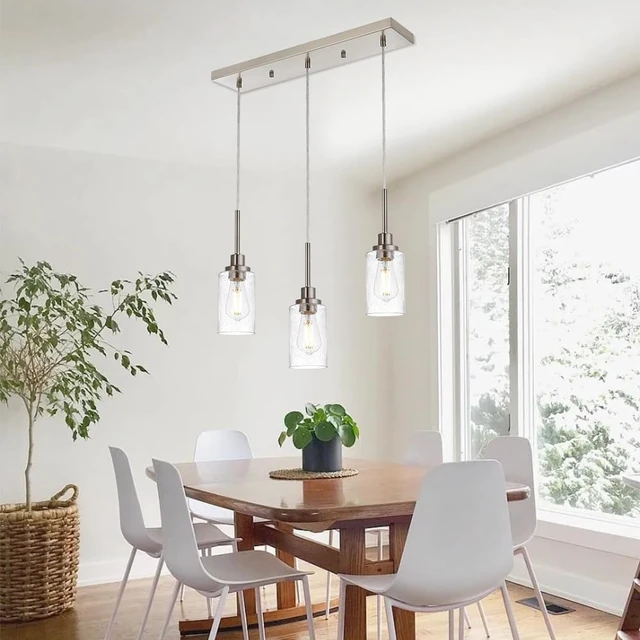 Alt view image 4 of 6 - TODOLUZ Industrial Pendant Lighting, 3-Lights Adjustable Height Hanging Light Fixtures with Seeded Glass Shade, Brushed Nickel Kitchen Island Ceiling Light for Living Room Foyer