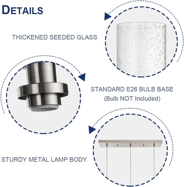 Alt view image 6 of 6 - TODOLUZ Industrial Pendant Lighting, 3-Lights Adjustable Height Hanging Light Fixtures with Seeded Glass Shade, Brushed Nickel Kitchen Island Ceiling Light for Living Room Foyer