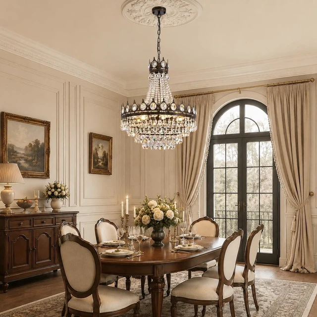 Alt view image 2 of 7 - 7PM French Empire Crystal Chandeliers, Vintage Crystal Chandelier, Antique Bronze Chandelier, Rustic Farmhouse Ceiling Light Fixture for Dining Room Bedroom Living Room Kitchen Foyer, W 24"