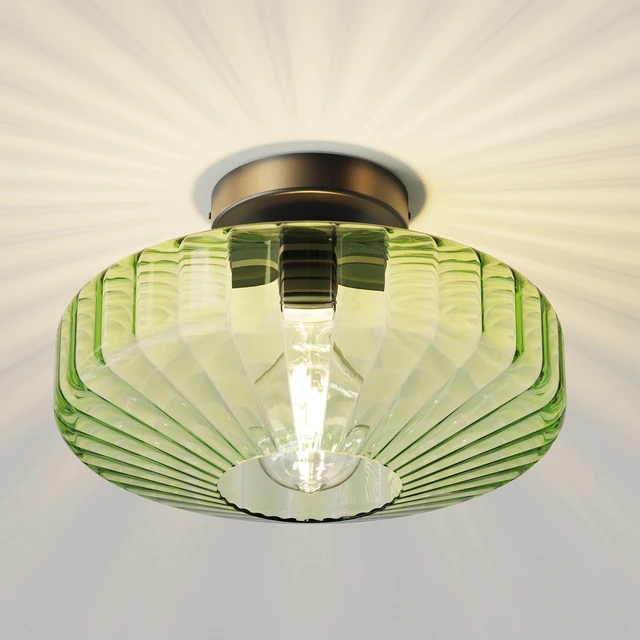 Main image of FCTWAKS Semi Flush Mount Ceiling Light, 11.8" Mid Century Modern 1-Light Close to Ceiling Light Fixtures with Drum Green Glass Shade for Bedroom Entryway Hallway Porch Foyer