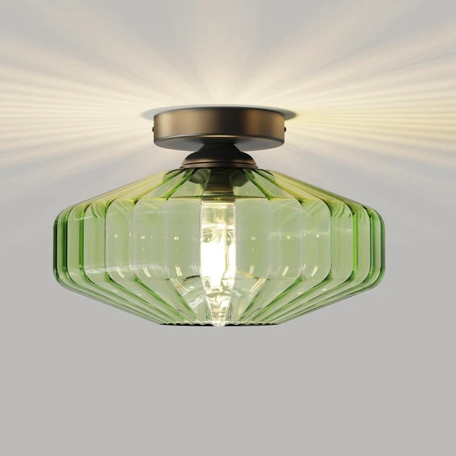Alt view image 4 of 7 - FCTWAKS Semi Flush Mount Ceiling Light, 11.8" Mid Century Modern 1-Light Close to Ceiling Light Fixtures with Drum Green Glass Shade for Bedroom Entryway Hallway Porch Foyer