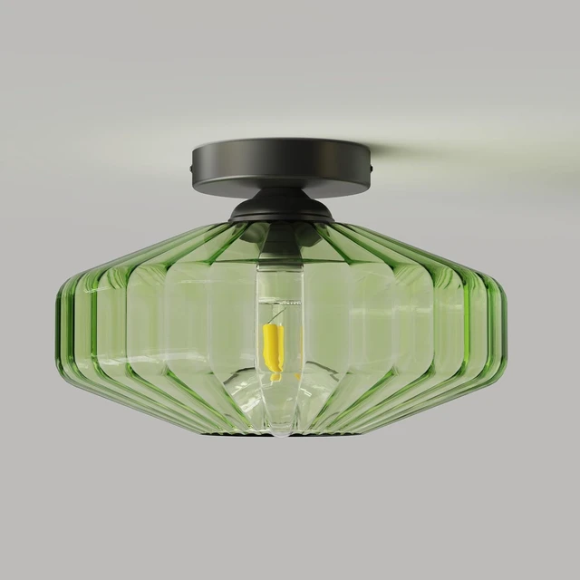 Alt view image 6 of 7 - FCTWAKS Semi Flush Mount Ceiling Light, 11.8" Mid Century Modern 1-Light Close to Ceiling Light Fixtures with Drum Green Glass Shade for Bedroom Entryway Hallway Porch Foyer