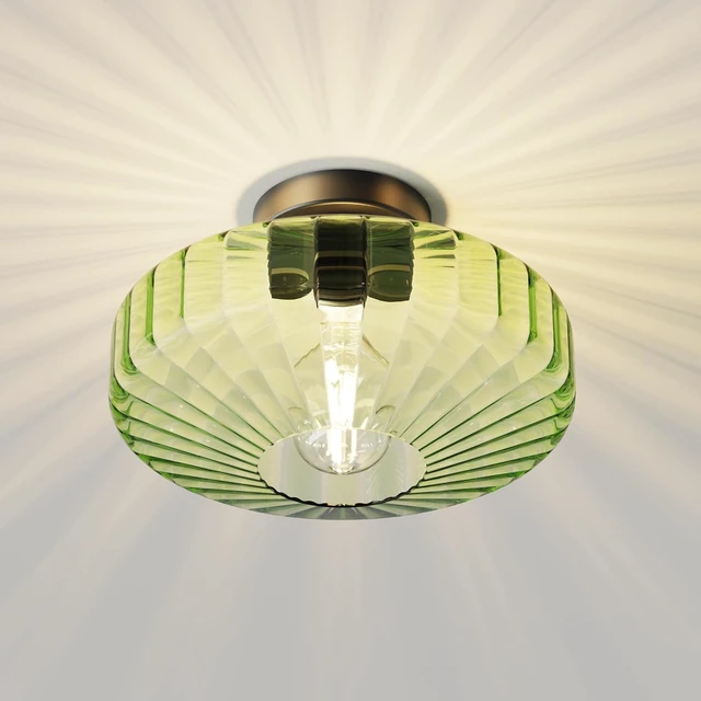 Alt view image 3 of 7 - FCTWAKS Semi Flush Mount Ceiling Light, 11.8" Mid Century Modern 1-Light Close to Ceiling Light Fixtures with Drum Green Glass Shade for Bedroom Entryway Hallway Porch Foyer